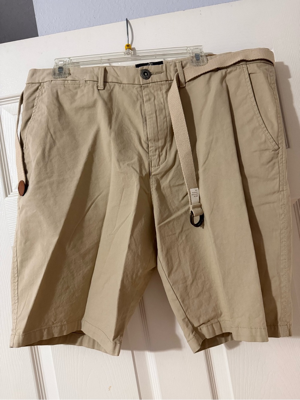 American Eagle Outfitters Men's Khaki Flat-Front Shorts with Webbing Belt